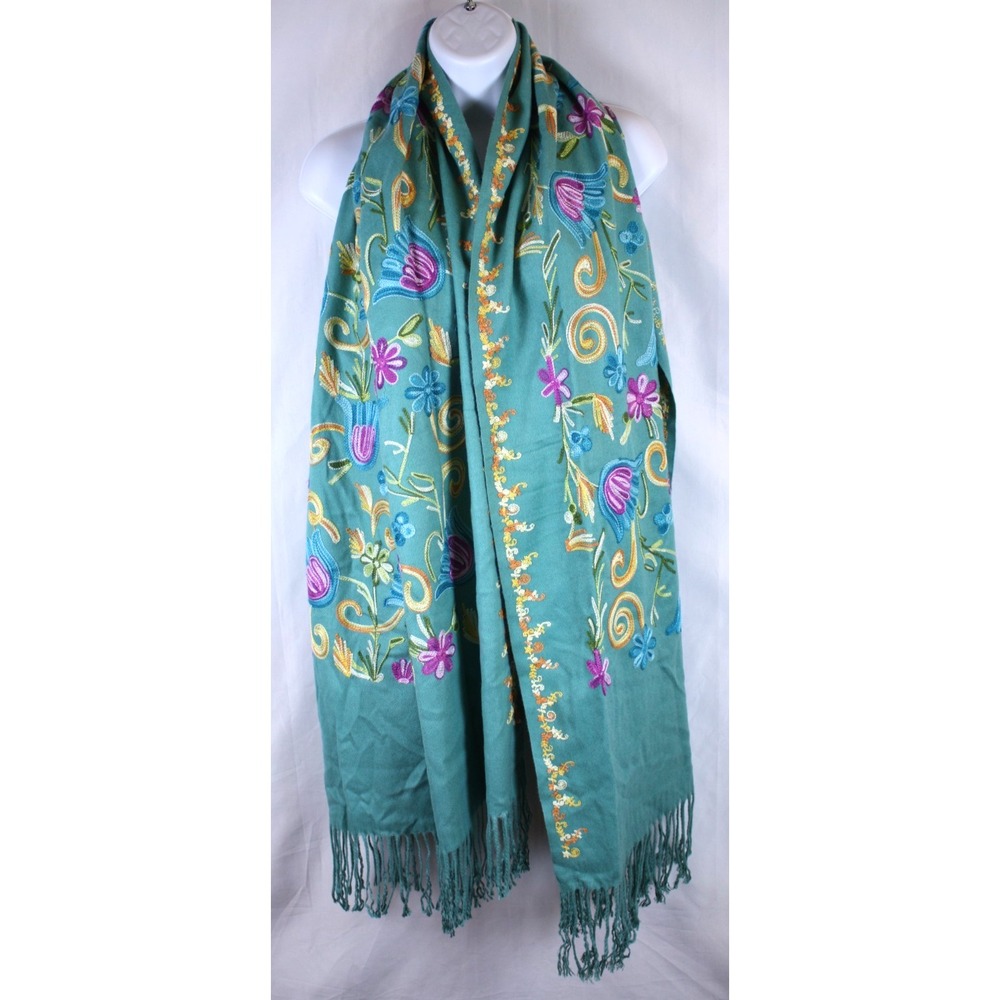 Decorative Turquoise Shawl Scarf Floral Embroidery Cashmere Fringe Botanical